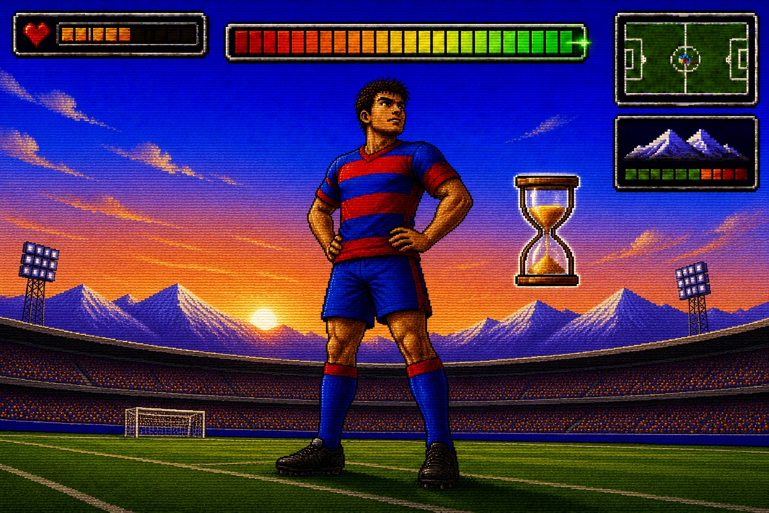 Ilustración pixel art de un futbolista de pie en un estadio al atardecer, junto a un reloj de arena y una barra de progreso, que representa el paso del tiempo necesario para aclimatarse