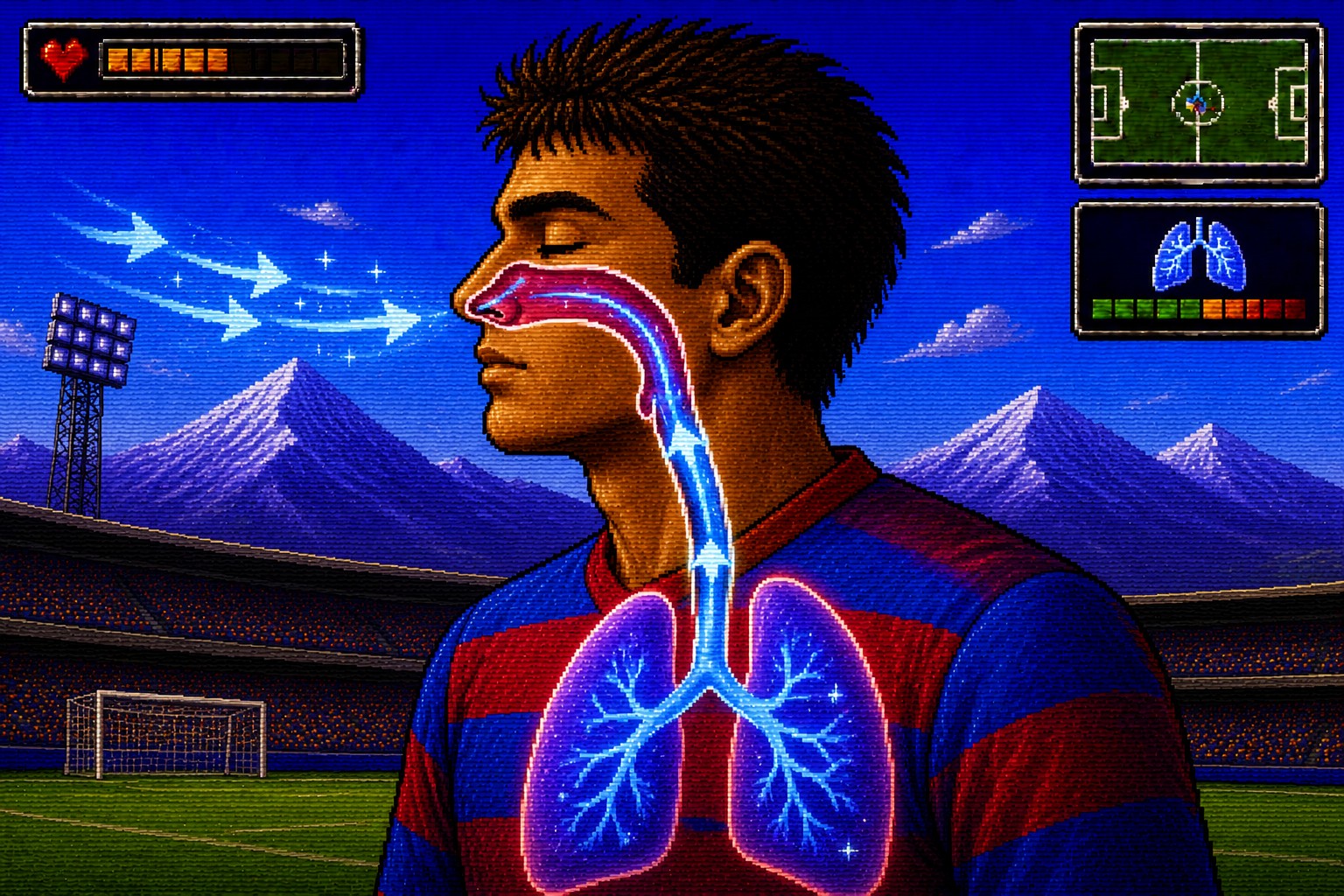Ilustración pixel art del perfil de un futbolista con el recorrido del aire resaltado desde la nariz hasta los pulmones