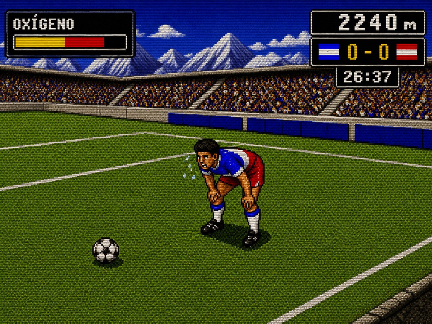 Ilustración estilo videojuego retro de 16 bits: un futbolista en un estadio de altura, con cumbres nevadas al fondo y un marcador que indica 2,240 metros