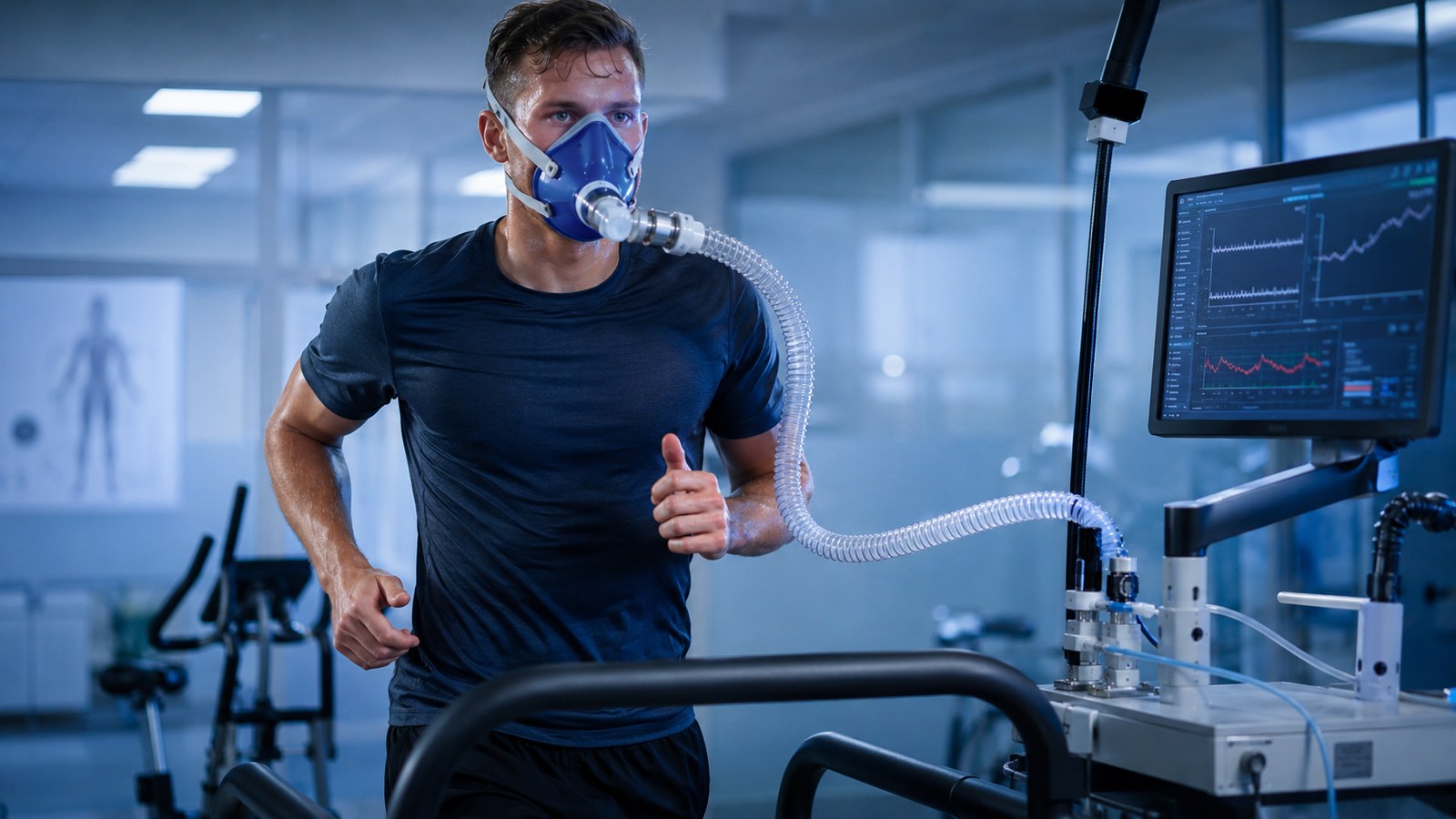 Atleta profesional con máscara respiratoria realizando una prueba ergoespirométrica sobre caminadora en un laboratorio de medicina del deporte