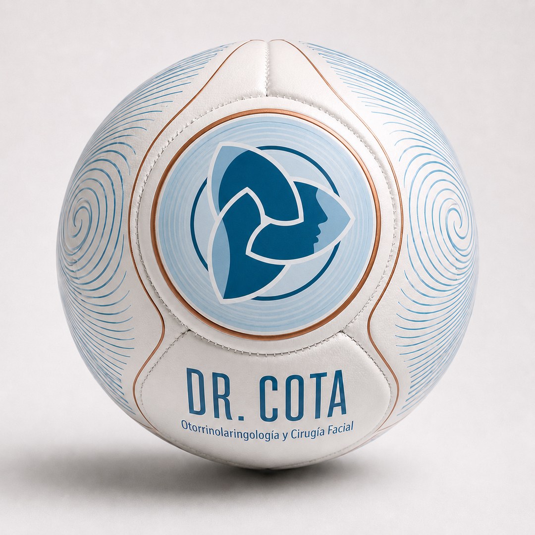 Balón de fútbol con la triquetra del Dr. Humberto Cota Gómez y la leyenda «Otorrinolaringología y Cirugía Facial»