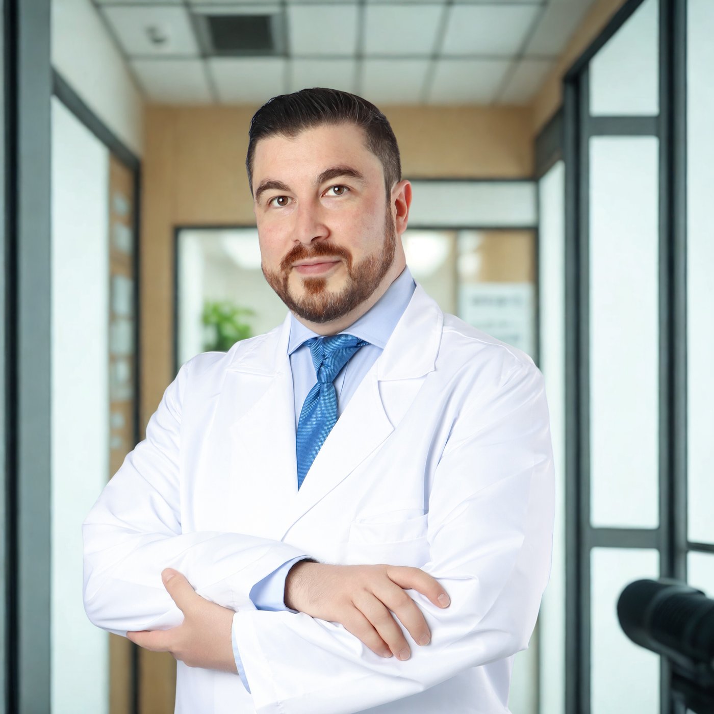 Dr. Humberto Cota Gómez en el pasillo del hospital, vestido con bata blanca.