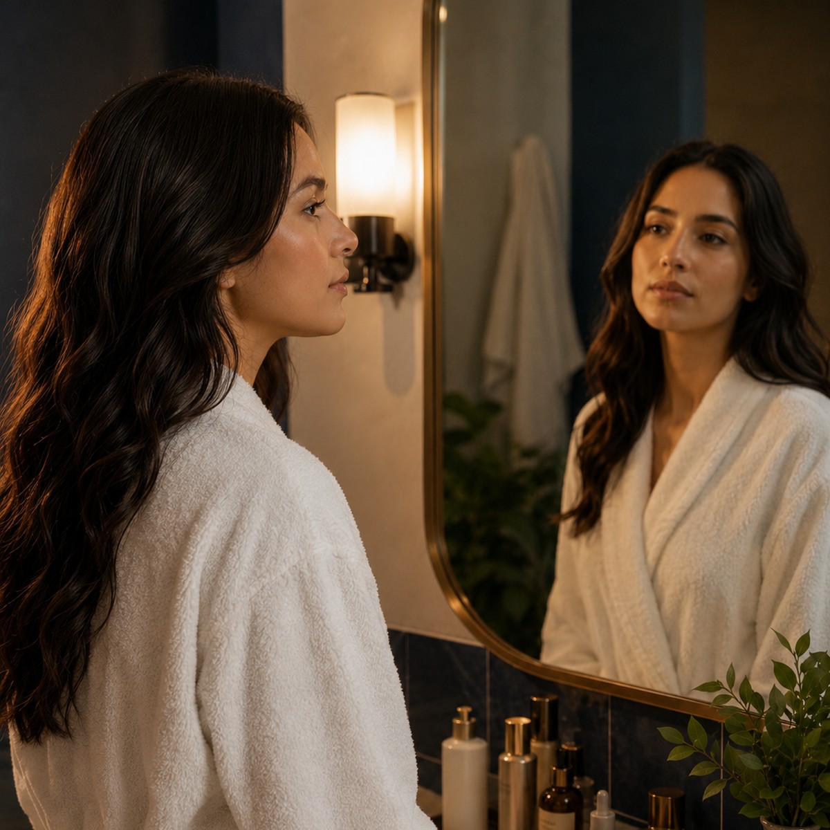 Mujer en bata mirándose al espejo en un ambiente sereno.