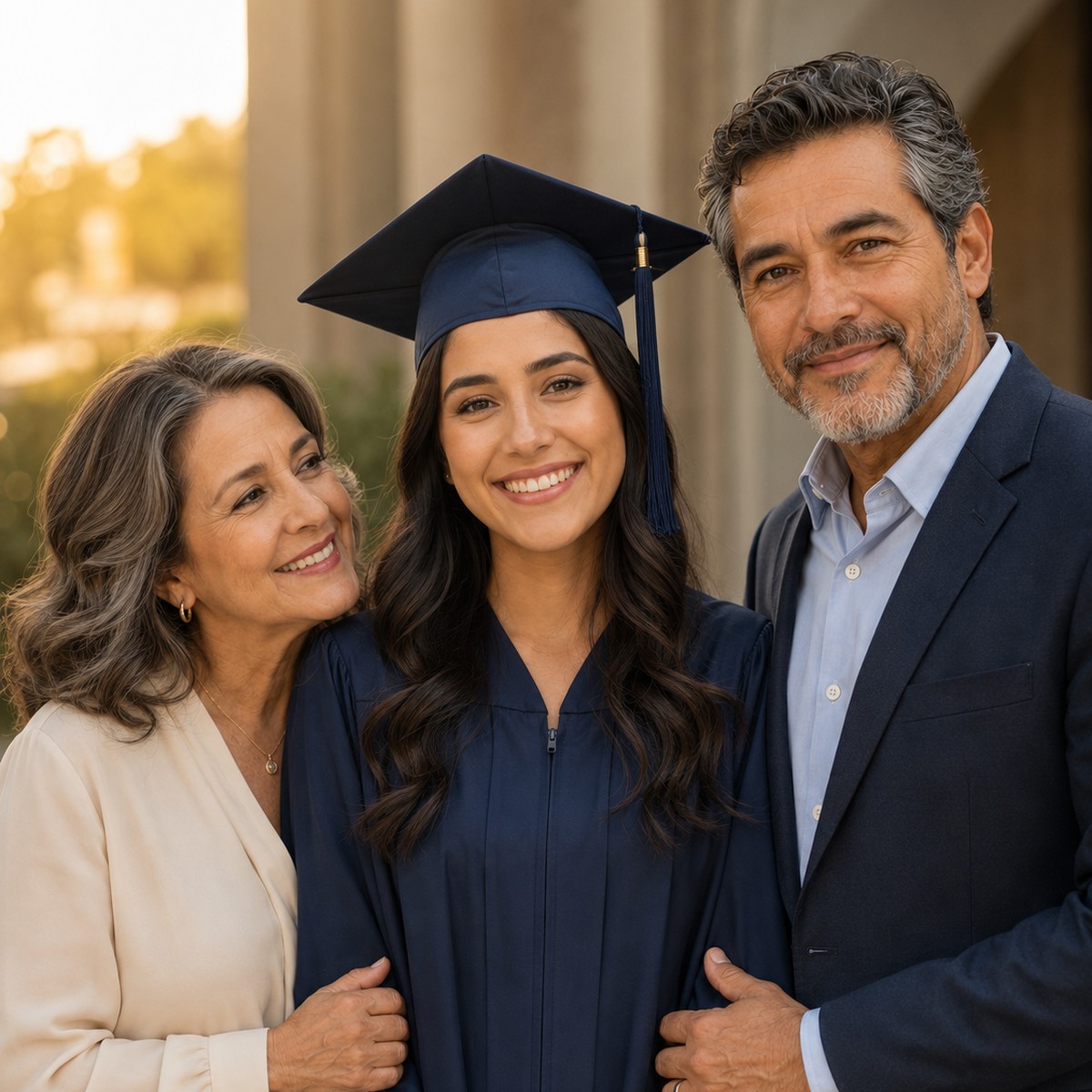 Familia celebrando una graduación al aire libre.